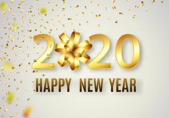 Wall Mural - 2020 Happy New Year background with golden gift bow, confetti for holiday greeting card, invitation, party flyer, poster, banner. Christmas celebrate design