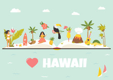 Tourist Poster With Famous Landmarks Of Hawaii.