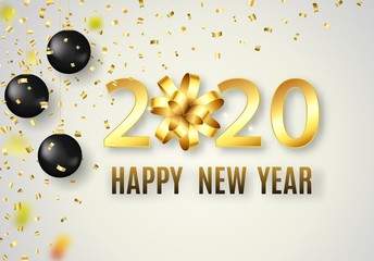 Wall Mural - 2020 Happy New Year background with golden gift bow for holiday greeting card, invitation, party flyer, poster, banner. Christmas celebrate design