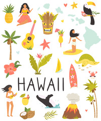 Wall Mural - Set of colorful symbols, landmarks of Hawaii.