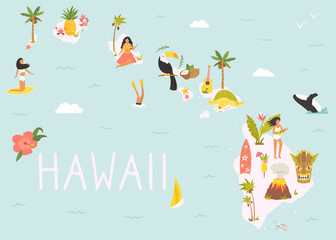 Wall Mural - Hawaiian map with icons, characters and symbols.