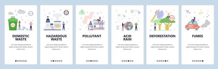 Poster - mobile app onboarding screens. waste recycle, hazardous waste, air pollution, power plant, gas emiss