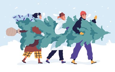 Happy friends carrying Christmas tree flat vector illustration. Merry people with fir tree outdoors. Traditional Xmas shopping. Festive market. Winter season holiday preparation concept.