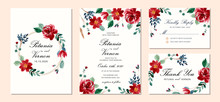 Wedding Invitation Set With Beautiful Red Floral Watercolor Background