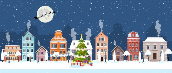 happy new year and merry christmas winter old town street. christmas town city panorama. santa claus