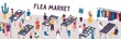 Flea market flat vector illustration. Sellers and customers faceless characters. Rag fair items buying. Swap meet. Cheap goods, junk, purchase, bargain. Bazaar, fashion designers market.