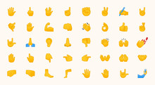 Hand Emojis Gestures Vector Icons Set. All Type Of Hand Emoticons, Thumbs Up, Down, Arm, Elbow, Gym, Muscle, Nail Illustrations Collection