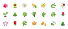 Nature, Plant Icons Vector Set. Trees, Flowers, Leaves Illustration Realistic Symbols, Emojis, Emoticons Collection