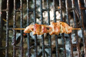 closeup of a pork skewer on the grill