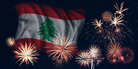 Fireworks and flag of Lebanon