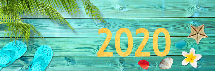 Wall Mural -  2020 on tropical vacation panoramic background with palm tree and seashells, new year greeting card