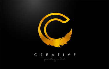 C Golden Gold Feather Letter Logo Icon Design With Feather Feathers Creative Look Vector Illustration