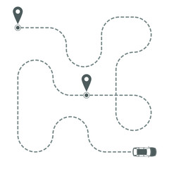 Route of the car in the form of a dotted line. Abstract grey car moving on its route on white background. Travel concept. Vector illustration