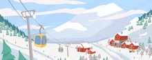 Beautiful Ski Resort Flat Vector Illustration. Mountain Winter Landscape With Chairlift For Downhill Skiing, Snowboarding And Extreme Sports. Seasonal Recreation Spot. Active Lifestyle Concept.