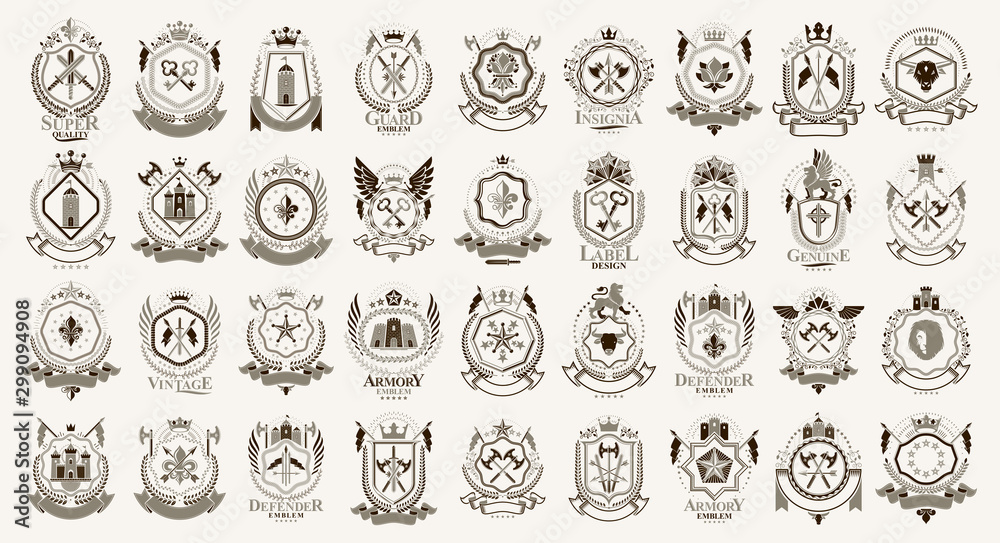 Vintage heraldic emblems vector big set, antique heraldry symbolic badges and awards collection, classic style design elements, family emblems. - obrazy, fototapety, plakaty 