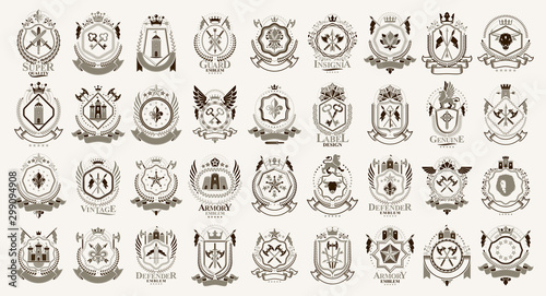 Fotografía Vintage heraldic emblems vector big set, antique heraldry symbolic badges and awards collection, classic style design elements, family emblems