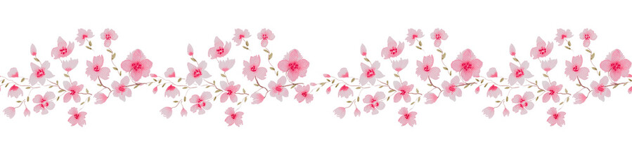 Wall Mural - panoramic seamless pattern with cherry blossom branch, floral watercolor illustration isolated on white