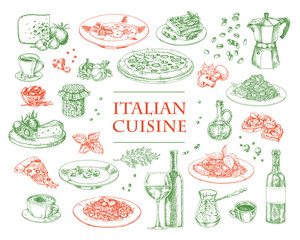 Italian Cuisine vector illustration. Set of traditional italian dishes. Food menu design template. Vintage hand drawn sketch. Engraved image