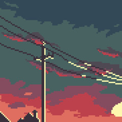 Poster - pixel background. pixel city. retro style. pixel sky. pixel art. 8 bit