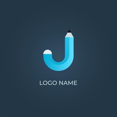 Wall Mural - Blue pencil with J logo on isolated dark background.