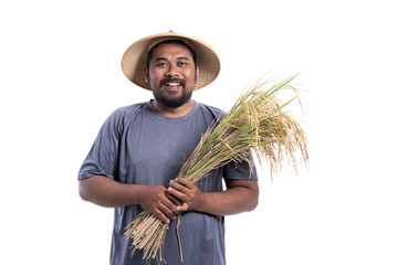 Wall Mural - happy asian farmer with paddy rice grain during harvesting isolated over white background