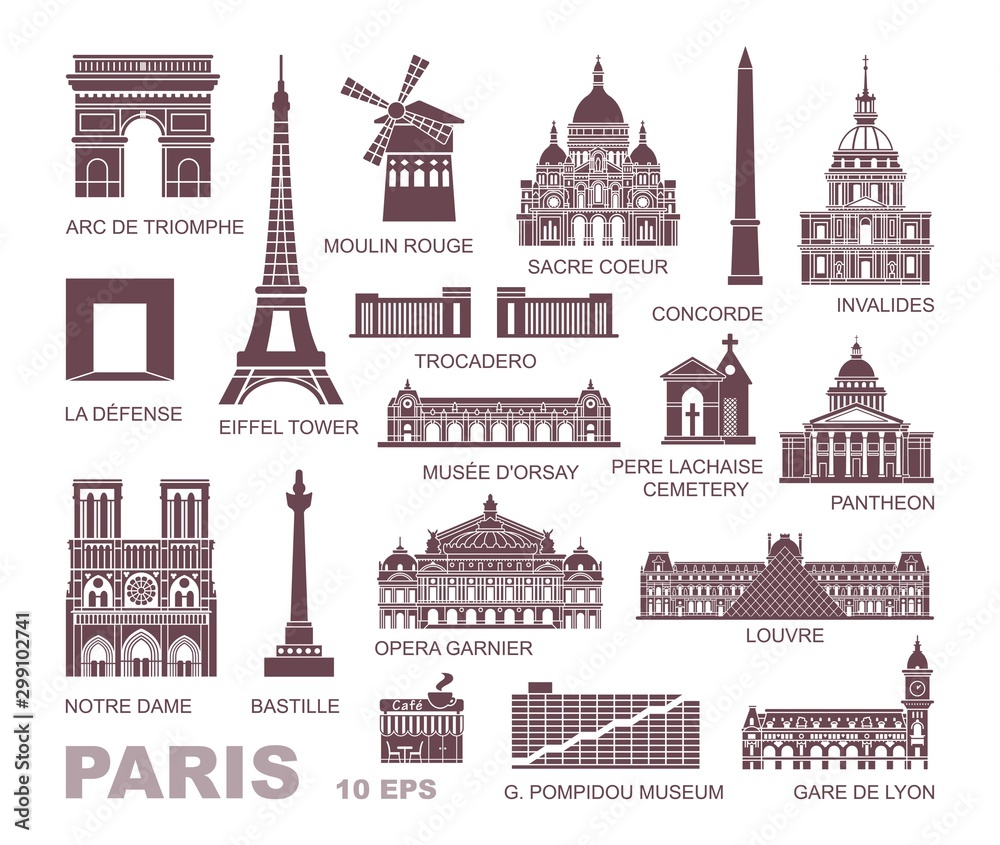 Architectural and historical sights of Paris. Set of high quality icons - obrazy, fototapety, plakaty 