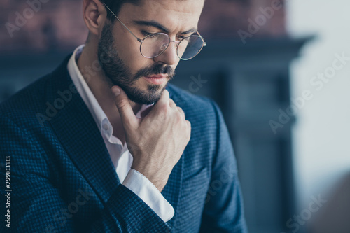 Fotomural Cropped close-up portrait of his he nice attractive serious bearded guy top mana