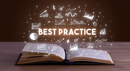 Wall Mural - BEST PRACTICE inscription coming out from an open book, business concept