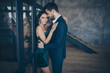 Canvas Print - Profile photo of horny couple guy stylish trendy lady leaning glass wall door tempting prelude intimate erotic desire wear formalwear blue suit short shiny dress loft industrial indoors