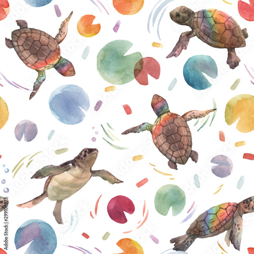 Nowoczesny obraz na płótnie Watercolor vector rainbow small baby turtles colourful seamless pattern