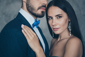 Wall Mural - Cropped photo of chic couple in love standing close tenderness trendy naughty dreams finally alone together house wear luxury shiny trendy formalwear suit dress indoors