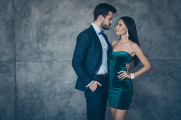 Poster - Photo of two vogue people standing close looking tenderness eyes naughty dreams homey after party wear luxury shiny formalwear suit dress indoors