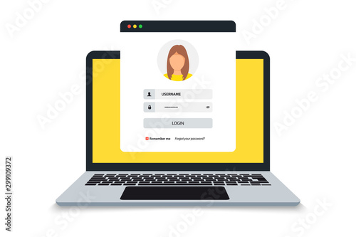 Fotomural Laptop with login and password form page on screen, registration page