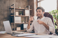 Profile Side Photo Of Calm Middle Eastern Businessman Have Break Hold Mug Smell Hot Beverage Enjoy With Closing Eyes Sit Chair Table In Loft Office