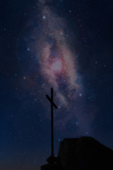 Wall Mural - night sky with stars, milky way and cross, long exposure, austria landscape