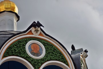 Architecture of Trinity Sergius Lavra, Sergiyev Posad, Russia. Color photo.	