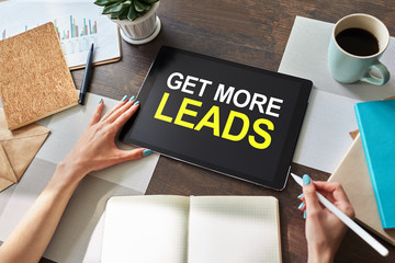 Get more leads banner. Digital marketing and sales increase concept on device screen.