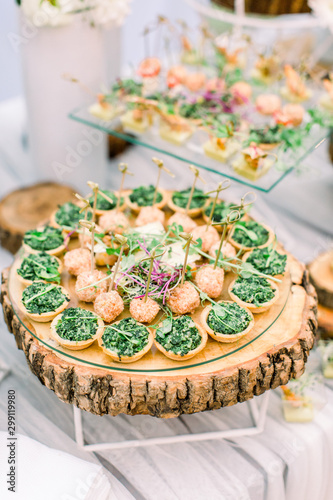 Delicious Canapes As Event Wedding Dish Catering Served Table With Various Snacks Canape And Appetizers Wedding In Rustic Style Outdoors Buy This Stock Photo And Explore Similar Images At Adobe