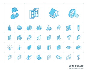 Isometric line icon set. 3d vector colorful illustration with real estste symbols. Agent, house, rent, key, apartment, sale, search, commercial and equipment colorful pictogram Isolated on white