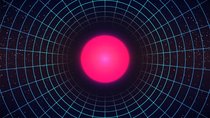 Wall Mural - synthwave abstract background. wireframe cylinder with pink glowing sun, sphere or planet in center.