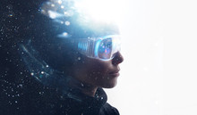 Double Exposure Of Female Face. Abstract Woman Portrait. Digital Art. Girl In Glasses Of Virtual Reality. Augmented Reality, Dream, Future Technology, Game Concept. VR.