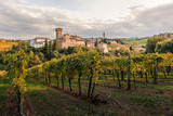 Fototapeta Miasto - Levizzano Rangone Castle, with vineyards, during autumn. Modena province, Emilia Romagna, Italy
