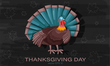 Thanksgiving Day Turkey With Turquoise Feathers. Outline Of Autumn Leaves On Background. Holiday Vector
