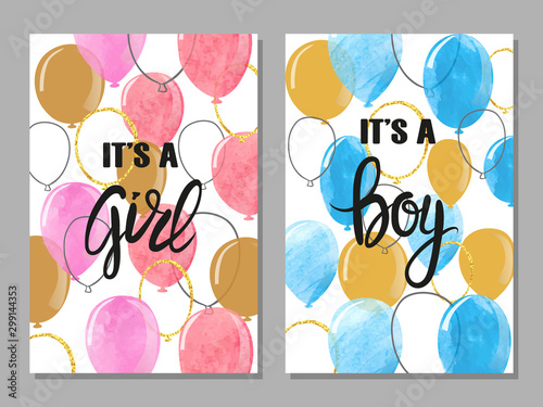 Baby shower card with balloons vector set. Watercolor invitation cards design...
