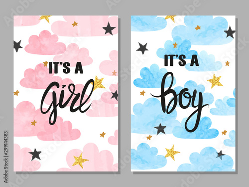Baby shower card set. Watercolor invitation cards design for baby shower part...