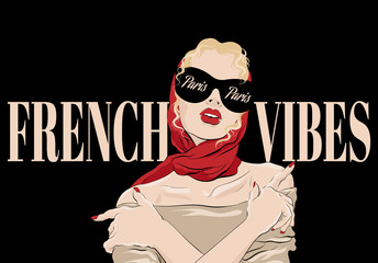 French vibes. Paris.  Vector hand drawn illustration of  blonde girl in shawl and glasses . Creative artwork. Template for card, poster, banner, print for t-shirt, pin, badge, patch.