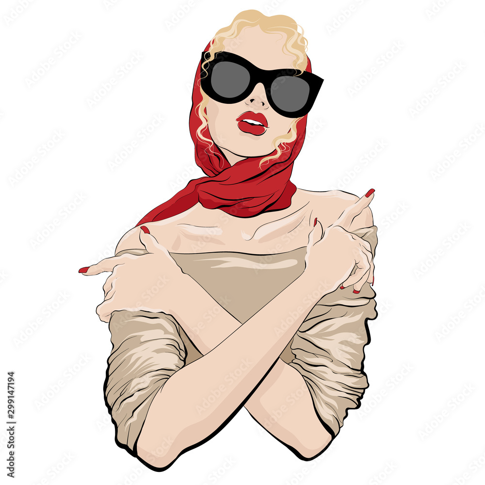 Vector hand drawn illustration of curly blonde girl in shawl and glasses . Creative artwork. Template for card, poster, banner, print for t-shirt, pin, badge, patch. - obrazy, fototapety, plakaty 