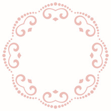 Oriental Round Pink Pattern With Arabesques And Floral Elements. Traditional Classic Ornament. Vintage Pattern With Arabesques