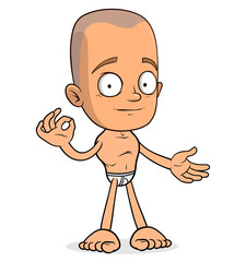 Cartoon funny bald boy character showing okay gesture. Layered EPS ready for animations. Isolated on white background. Vector icon.