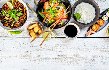 Asian food variation with many kinds of meals. Top view